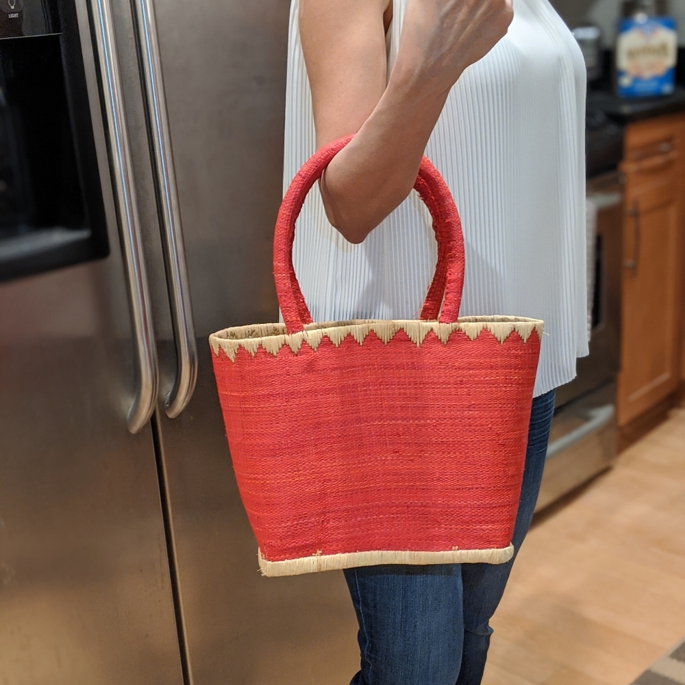 Handmade coral straw beach tote